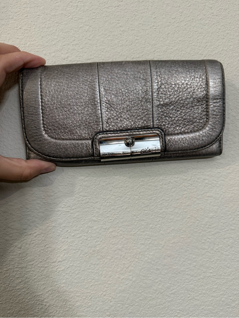 Coach Metallic Pewter Leather Wallet Clutch